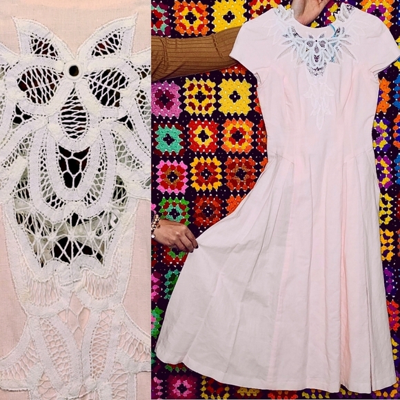 Vintage 1980's 1990's light pink white eyelet pleated dress cottagecore - Picture 1 of 12
